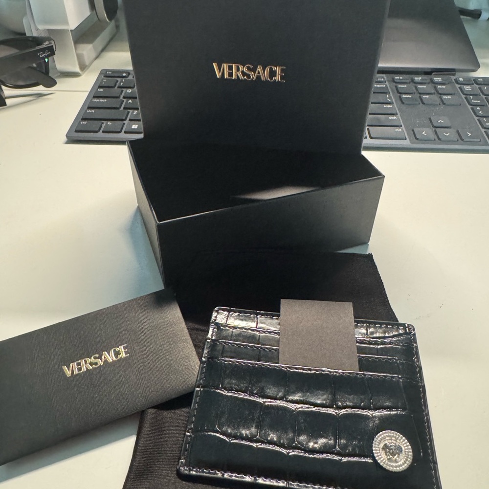 Versace Black Croc-Embossed Card Holder with Silver Medallion